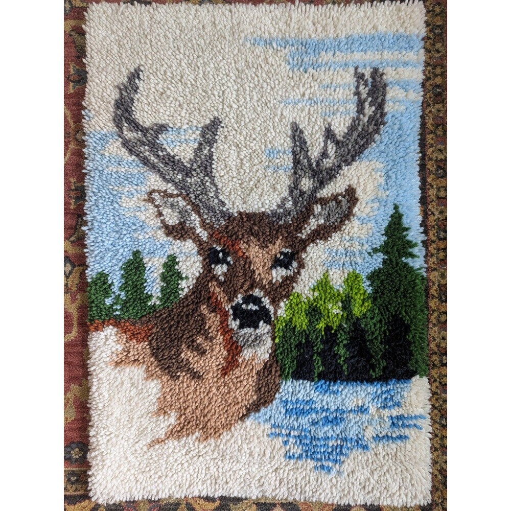 Vintage 70s 9 Point Buck Deer Latch Hook Rug Wall Art Hanging Cabin Lodge Rug